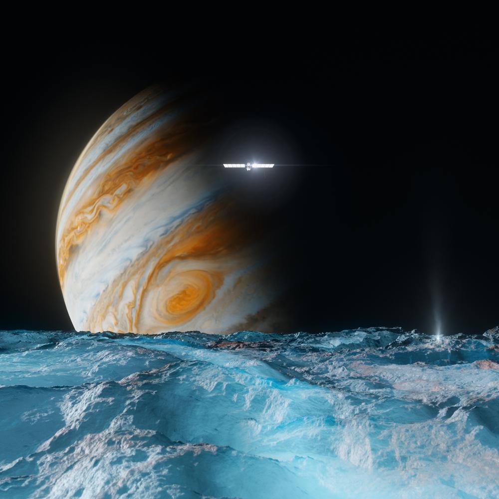 Artist's concept of NASA's Europa Clipper spacecraft passing over Europa